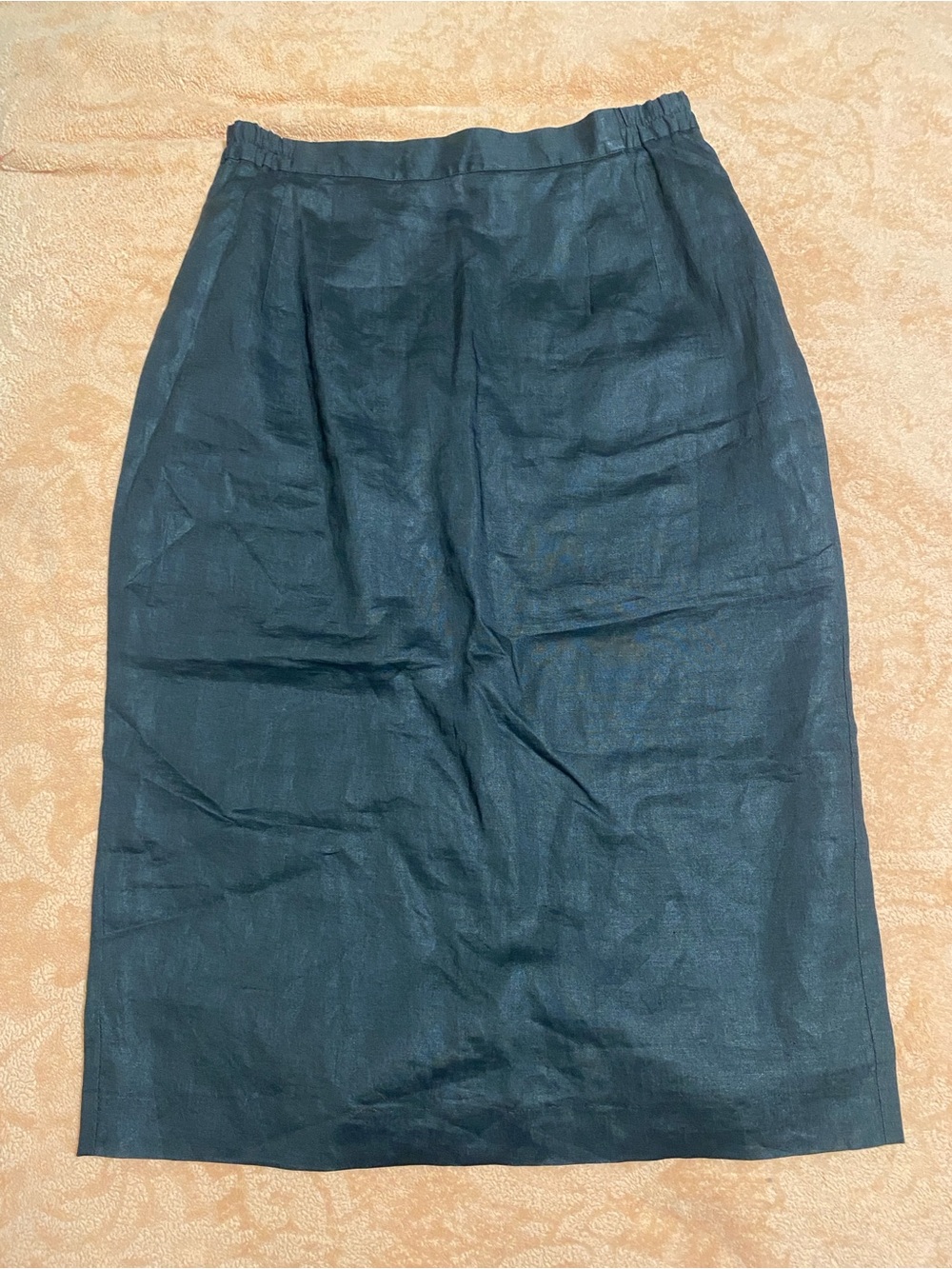 DaVinci Vintage 100% Linen Midi Skirt Black Minimalist Size 8 Elastic Waist